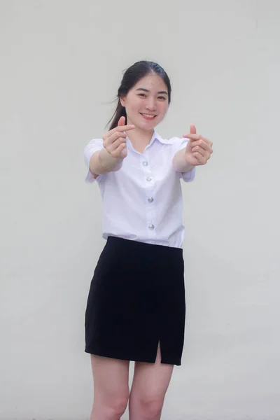 Tailandês Adulto Estudante Universidade Uniforme Bela Menina Dar Mini Coração — Fotografia de Stock