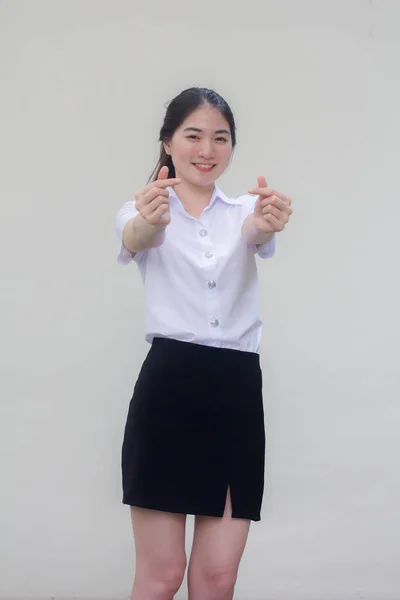 Thai Adulte Étudiant Université Uniforme Belle Fille Donner Mini Coeur — Photo