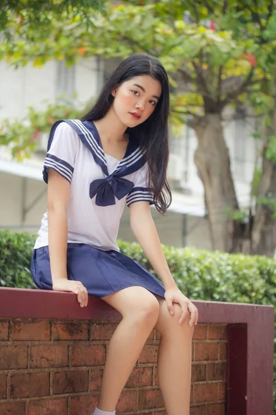 Japansk Tonåring Vacker Flicka Student Uniform Glad Och Koppla — Stockfoto