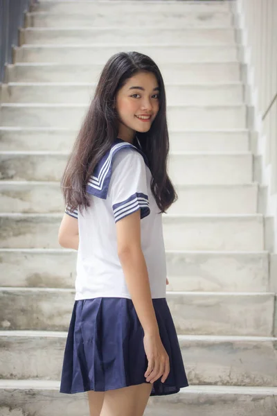 Japonês Teen Bela Menina Estudante Uniforme Feliz Relaxar — Fotografia de Stock