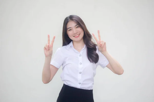 Thai Felnőtt Diák Egyetemi Egyenruha Gyönyörű Lány Győzelem — Stock Fotó