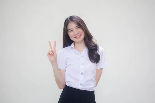 Thajský Dospělý Student Univerzita Uniforma Krásný Dívka Vítězství — Stock fotografie