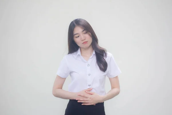 Thai Volwassen Student Universiteit Uniform Mooi Meisje Buikpijn — Stockfoto