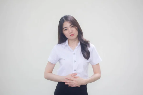 Tailandés Adulto Estudiante Universidad Uniforme Hermosa Chica Dolor Estómago —  Fotos de Stock