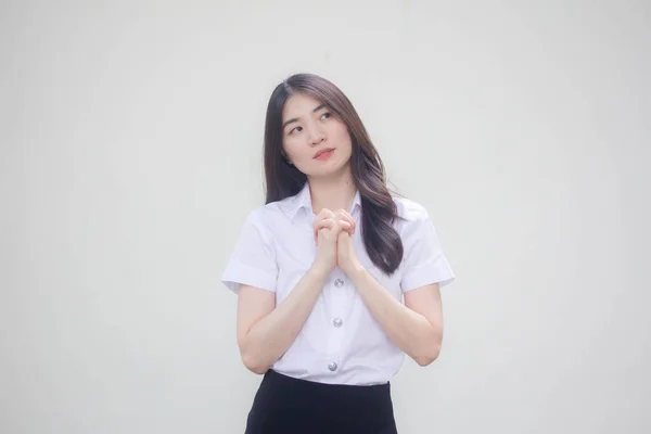 Thajská Dospělá Studentská Univerzita Uniforma Krásná Dívka Modlit — Stock fotografie