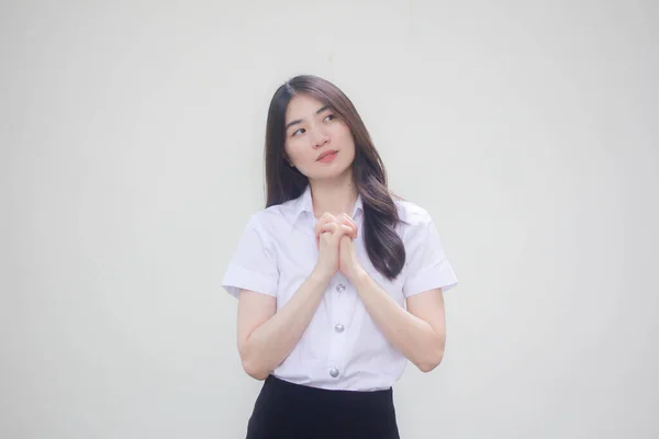 Tailandese Adulto Studente Università Uniforme Bella Ragazza Pregare — Foto Stock