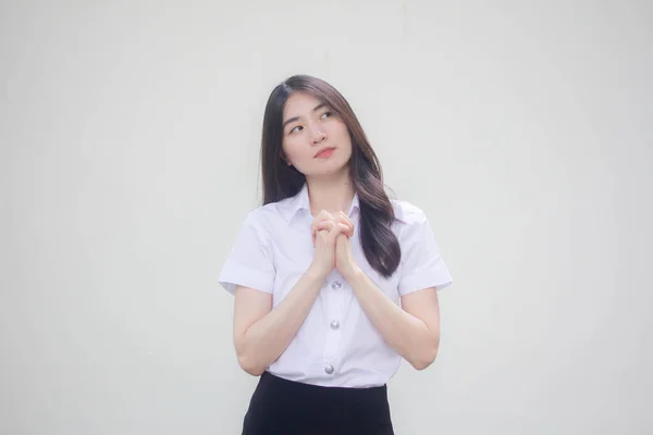 Thai Ενηλίκων Φοιτητής Πανεπιστήμιο Στολή Όμορφο Κορίτσι Προσεύχομαι — Φωτογραφία Αρχείου