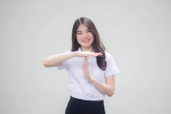 Tailandês Adulto Estudante Universidade Uniforme Bela Menina Time Out — Fotografia de Stock