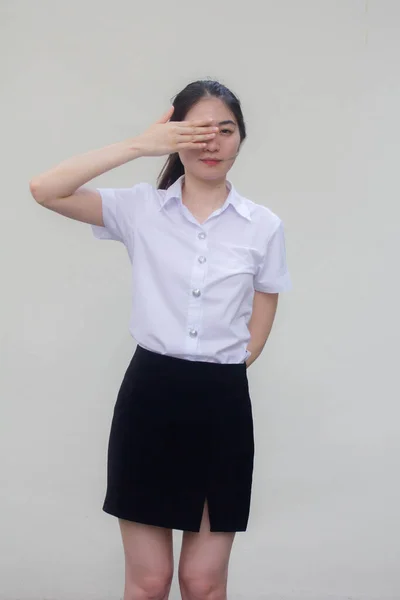 Thai Vuxen Student Universitet Uniform Vacker Flicka Lyssna — Stockfoto