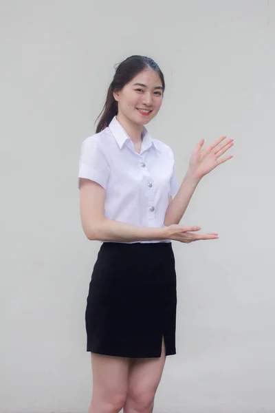 Tailandês Adulto Estudante Universidade Uniforme Bela Menina Mostrar Mão — Fotografia de Stock