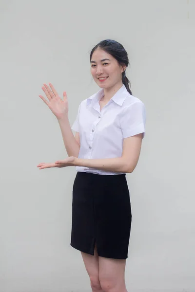 Tailandese Adulto Studente Università Uniforme Bella Ragazza Spettacolo Mano — Foto Stock