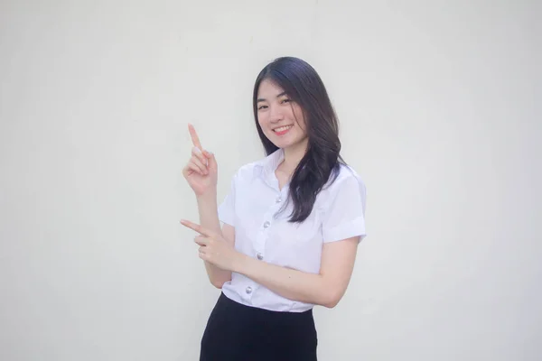 Thai Volwassen Student Universiteit Uniform Mooi Meisje Wijzend — Stockfoto