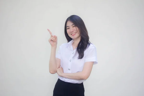 Thai Adult Student University Uniform Beautiful Girl Pointing — Stock Photo, Image