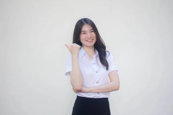 Thai Vuxen Student Universitet Uniform Vacker Flicka Pekar — Stockfoto