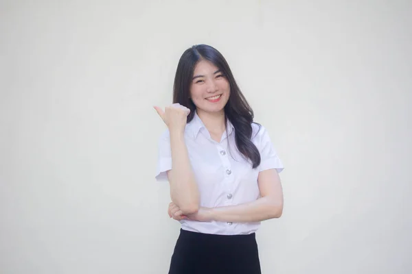 Thai Adult Student University Uniform Beautiful Girl Pointing — Stock Photo, Image