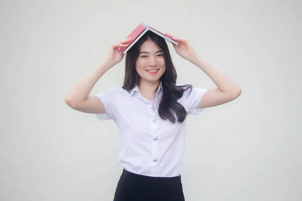 Thai Voksen Student Uniform Vakker Jente Lest Bok – stockfoto