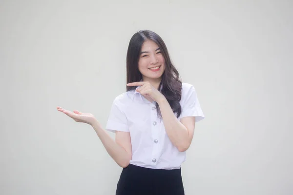 Thai Adulte Étudiant Université Uniforme Belle Fille Montrer Main — Photo
