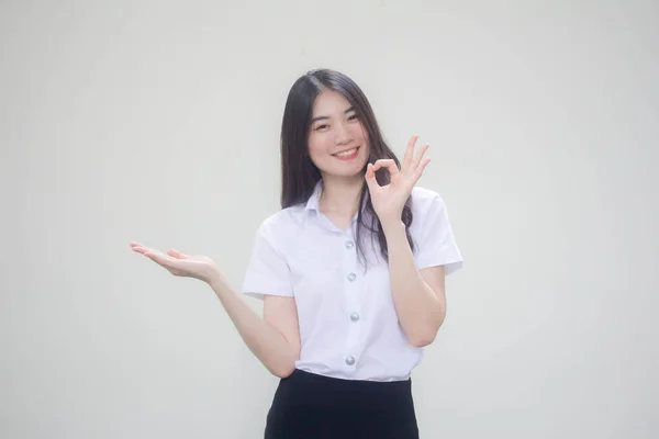 Taylandlı Yetişkin Üniversite Üniforması Güzel Kız Elini Göster — Stok fotoğraf