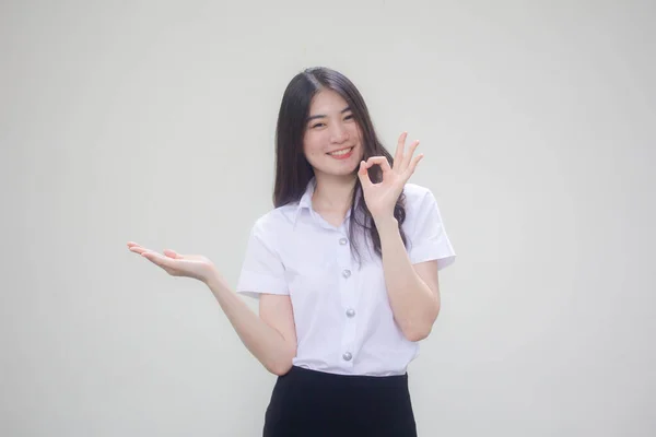 Thai Volwassen Student Universiteit Uniform Mooi Meisje Show Hand — Stockfoto