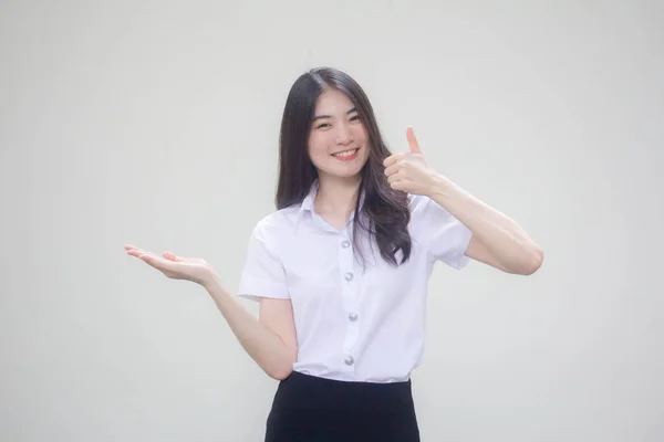 Thai Erwachsene Student Universität Uniform Hübsch Mädchen Zeigen Hand — Stockfoto