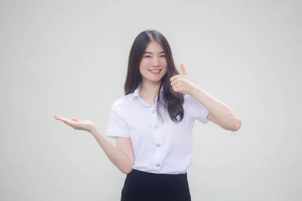 Tailandés Adulto Estudiante Universidad Uniforme Hermosa Chica Espectáculo Mano —  Fotos de Stock