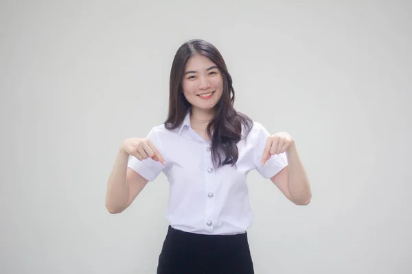 Thai Adult Student University Uniform Beautiful Girl Pointing — Stock Photo, Image