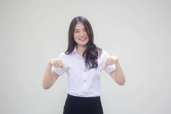 Thai Volwassen Student Universiteit Uniform Mooi Meisje Wijzend — Stockfoto