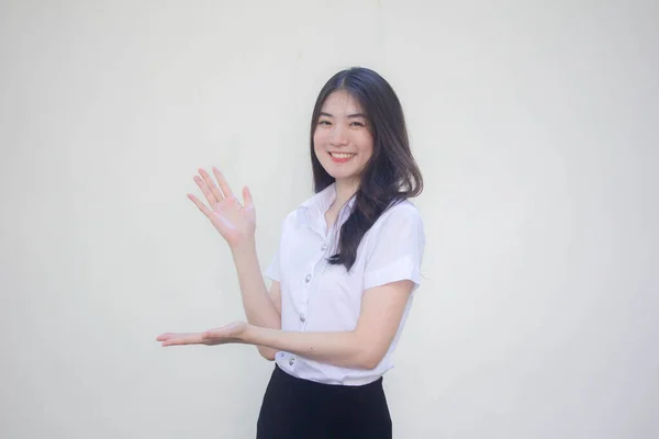 Thai Adult Student University Uniform Beautiful Girl Show Hand — Stock Photo, Image