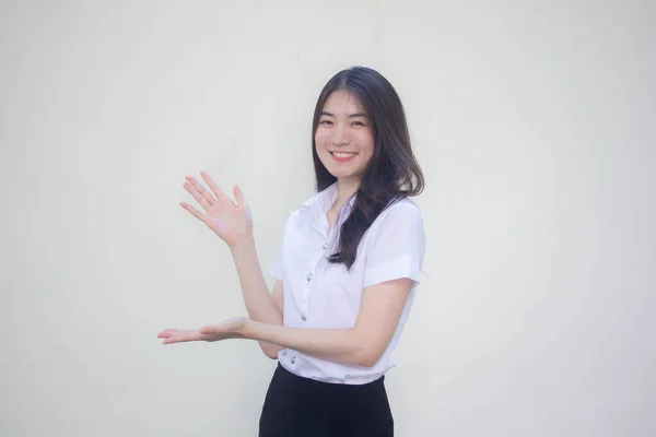 Tailandese Adulto Studente Università Uniforme Bella Ragazza Spettacolo Mano — Foto Stock