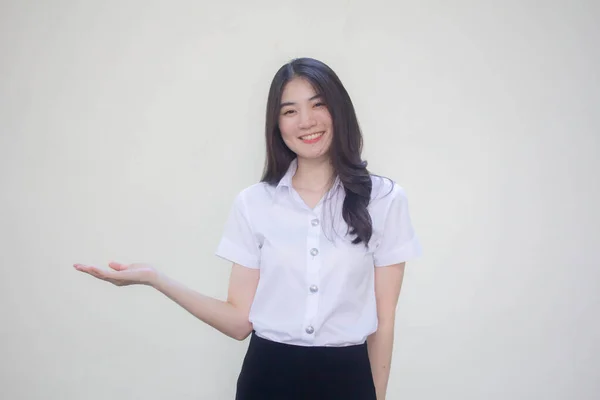 Thai Adult Student University Uniform Beautiful Girl Show Hand — Stock Photo, Image