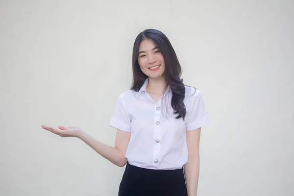 Thai Volwassen Student Universiteit Uniform Mooi Meisje Show Hand — Stockfoto