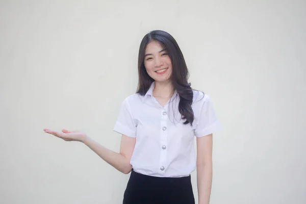 Thai Adult Student University Uniform Beautiful Girl Show Hand — Stock Photo, Image