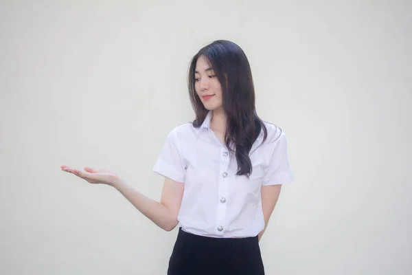 Thai Volwassen Student Universiteit Uniform Mooi Meisje Show Hand — Stockfoto