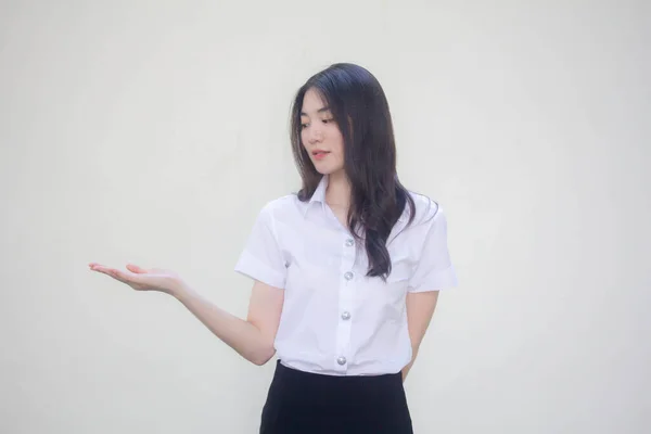 Tailandês Adulto Estudante Universidade Uniforme Bela Menina Mostrar Mão — Fotografia de Stock