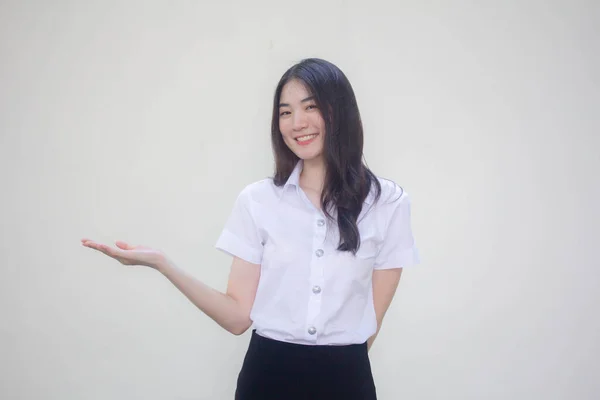 Thai Erwachsene Student Universität Uniform Hübsch Mädchen Zeigen Hand — Stockfoto