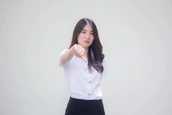 Tailandês Adulto Estudante Universidade Uniforme Bela Menina Não Gosta — Fotografia de Stock