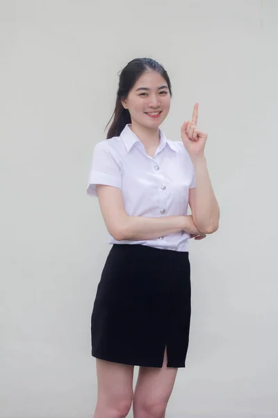 Tailandês Adulto Estudante Universidade Uniforme Bela Menina Apontando — Fotografia de Stock