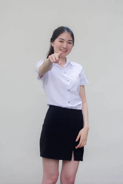 Tailandés Adulto Estudiante Universidad Uniforme Hermosa Chica Señalando —  Fotos de Stock