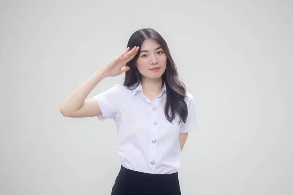 Thai Adult Student University Uniform Beautiful Girl Salute — стоковое фото
