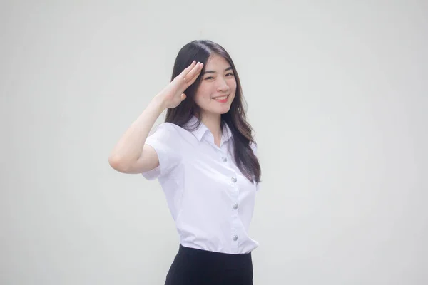 Thai Adulte Étudiant Université Uniforme Belle Fille Saluer — Photo