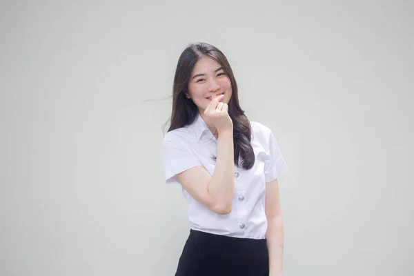 Tailandés Adulto Estudiante Universidad Uniforme Hermosa Chica Dar Mini Corazón —  Fotos de Stock
