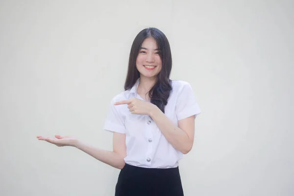 Thai Adult Student University Uniform Beautiful Girl Show Hand — Stock Photo, Image