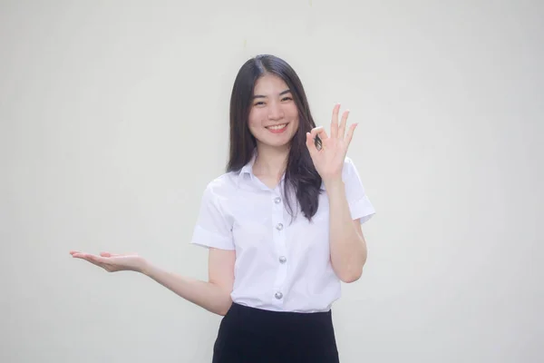Taylandlı Yetişkin Üniversite Üniforması Güzel Kız Elini Göster — Stok fotoğraf