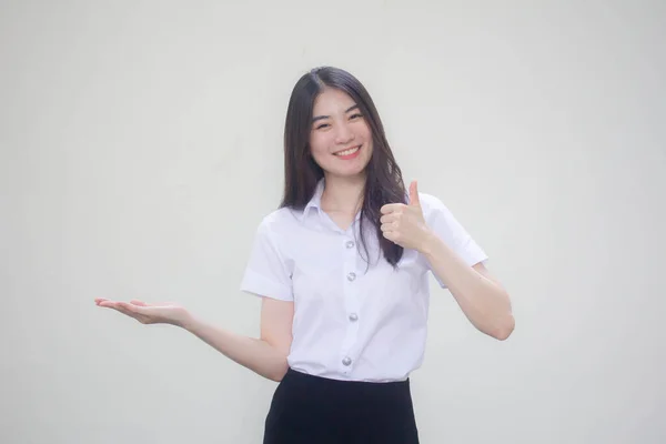 Thai Adult Student University Uniform Beautiful Girl Show Hand — Stock Photo, Image