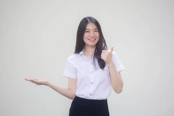 Thai Felnőtt Diák Egyetemi Egyenruha Gyönyörű Lány Show Hand — Stock Fotó