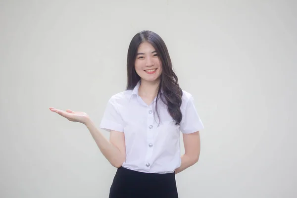 Thai Erwachsene Student Universität Uniform Hübsch Mädchen Zeigen Hand — Stockfoto