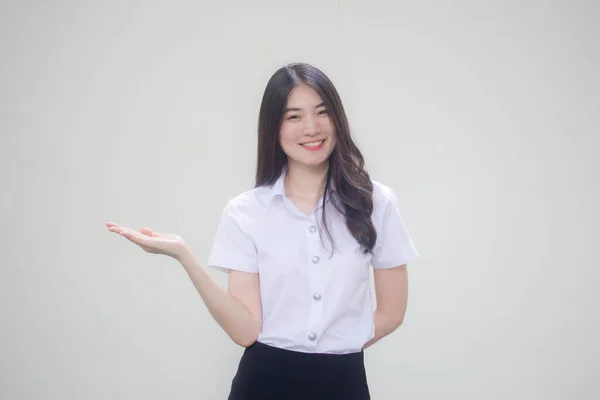 Thai Erwachsene Student Universität Uniform Hübsch Mädchen Zeigen Hand — Stockfoto