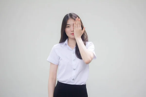 Tailandês Adulto Estudante Universidade Uniforme Bela Menina Não Olhe — Fotografia de Stock