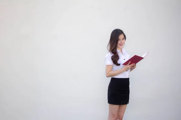 Tailandés Adulto Estudiante Universidad Uniforme Hermosa Chica Leer Libro —  Fotos de Stock