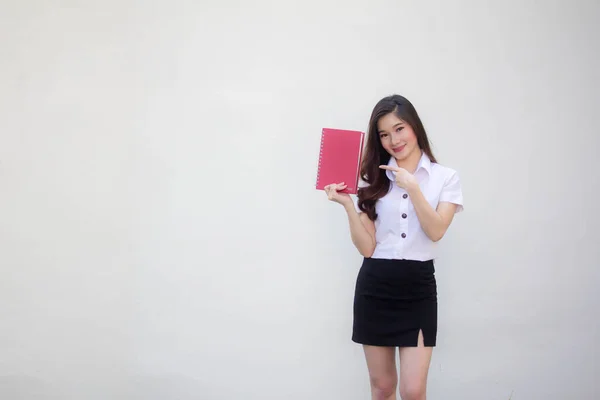 Tailandés Adulto Estudiante Universidad Uniforme Hermosa Chica Mostrar Libro —  Fotos de Stock